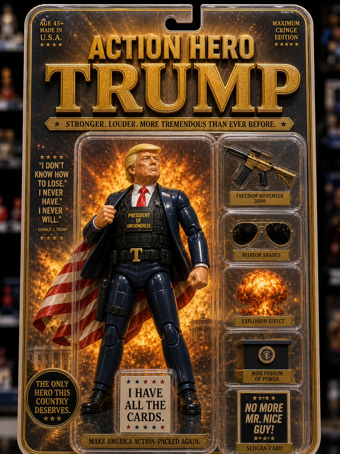 Action Hero Trump collectible toy packaging