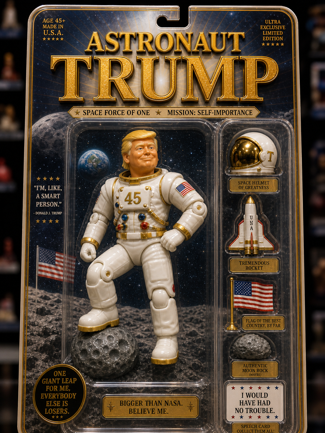 Astronaut Trump collectible toy packaging