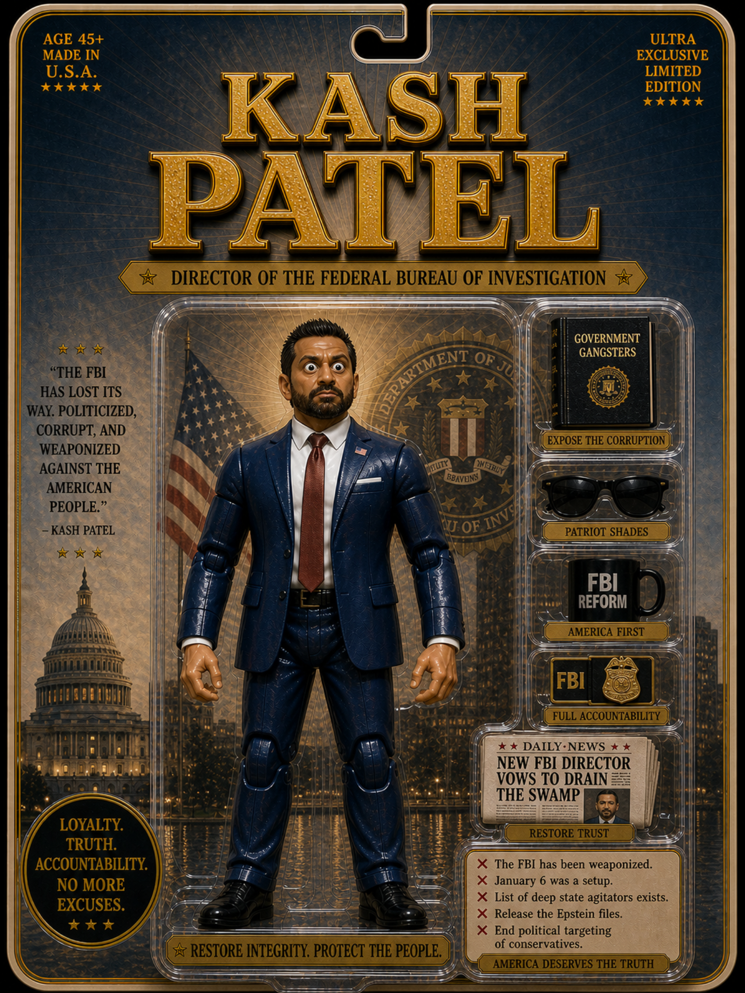Kash Patel collectible toy packaging